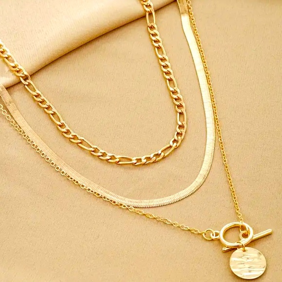 NIB 3-Piece Women's Layered Necklace Set, Snake Bone Chain with Coin Pendant - Picture 2 of 7